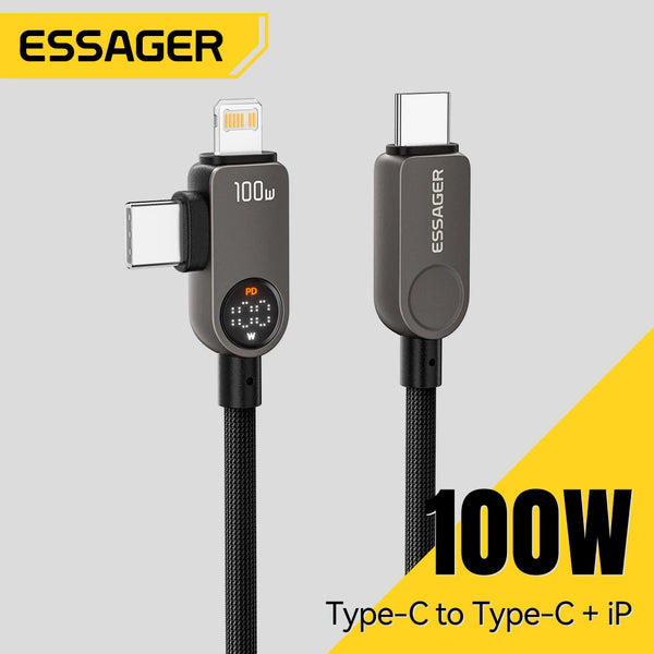 ខ្សែសាក Essager 2 in 1 USB Type C 100W PD Fast Charging Wire Type C To Lighting Cable សម្រាប់ iPhone 17 16 15 14 MacBook iPad Xiaomi