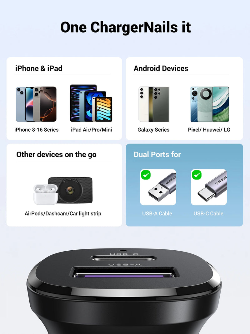 UGREEN 30W USB C Car Charger PD3.0 5A For iPhone 17 Samsung Galaxy S25 Xiaomi Fast Charging Quick Charge 4.0 USB C Car Charger