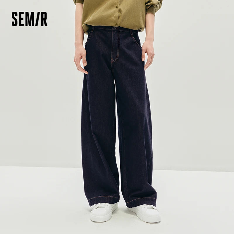 Semir Men Jeans Loose Curved Wide Leg Dark Cuffed Hem Retro Casual Style Autumn Denim Pants Urban Daily Wear 2026