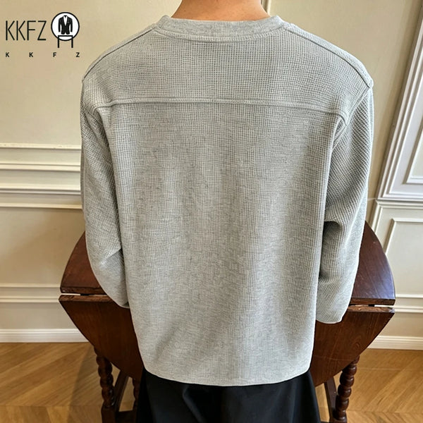 Men Basic Waffle Knit Round Neck Shirt Raglan Long Sleeve Shoulder Embroidery Oversized Fit Male Casual Top