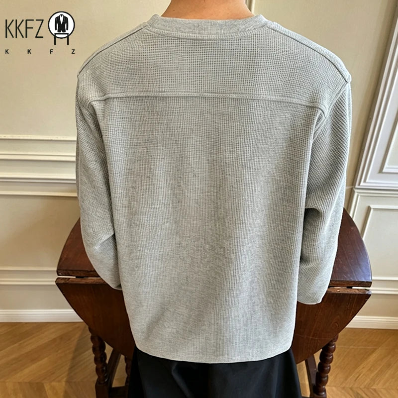 Men Basic Waffle Knit Round Neck Shirt Raglan Long Sleeve Shoulder Embroidery Oversized Fit Male Casual Top