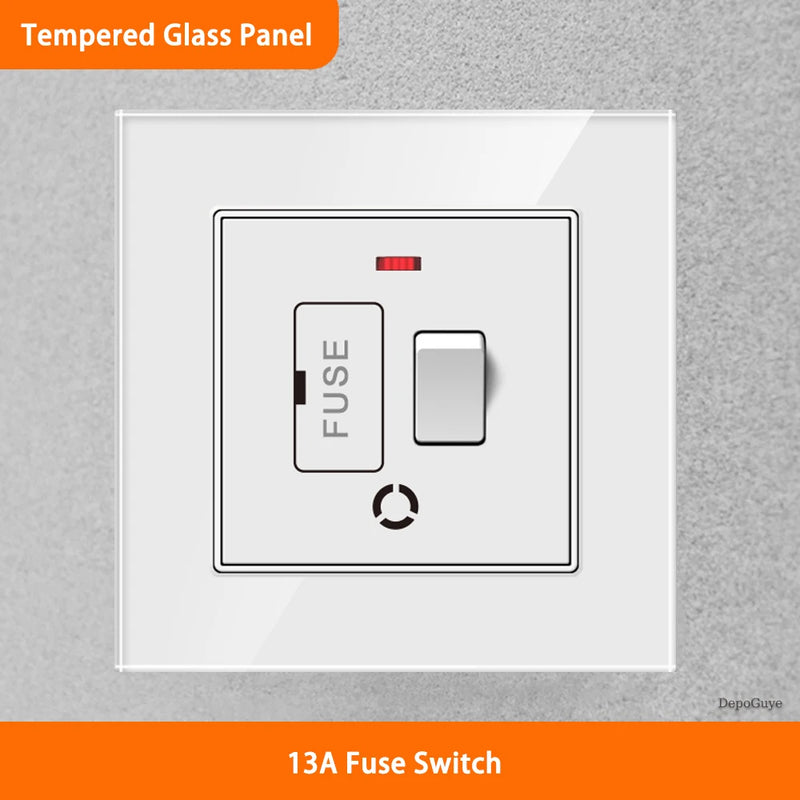 White Universal UK 13A Socket with USB Type-C 18W Fast Charging Wall Socket,Tempered Glass Button Light Switch,Dual 3pin Socket