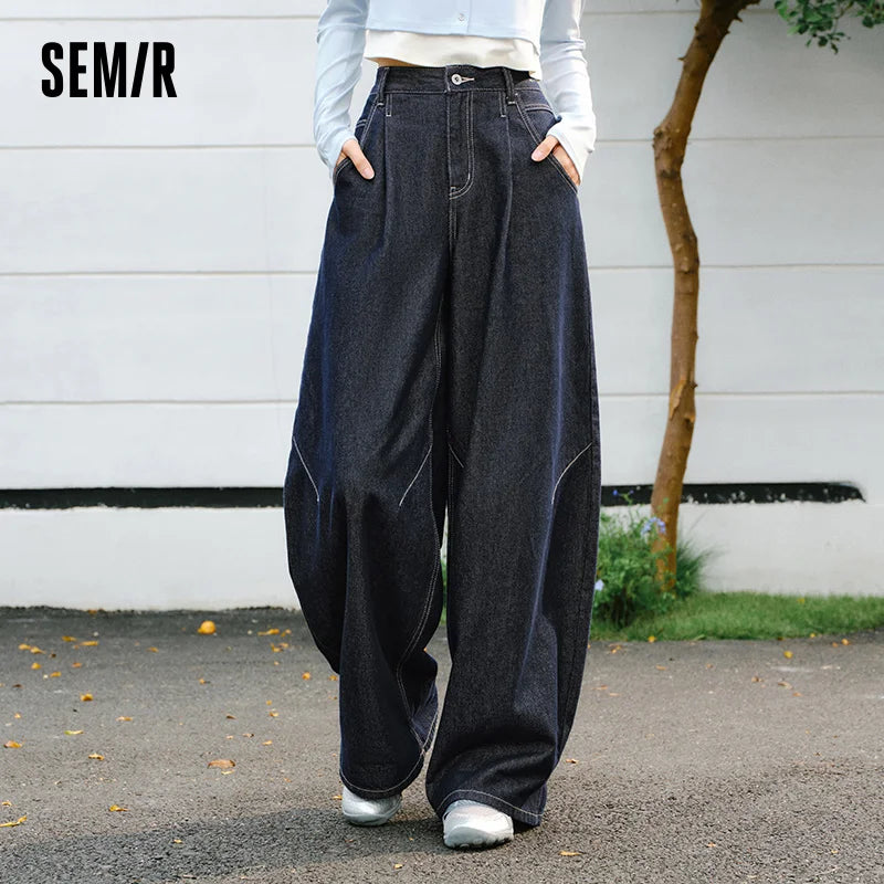 Semir Wide Leg Pants Denim Spring Pleated Loose Casual American Street Style Comfortable Trendy Casual Fashion Women 2026