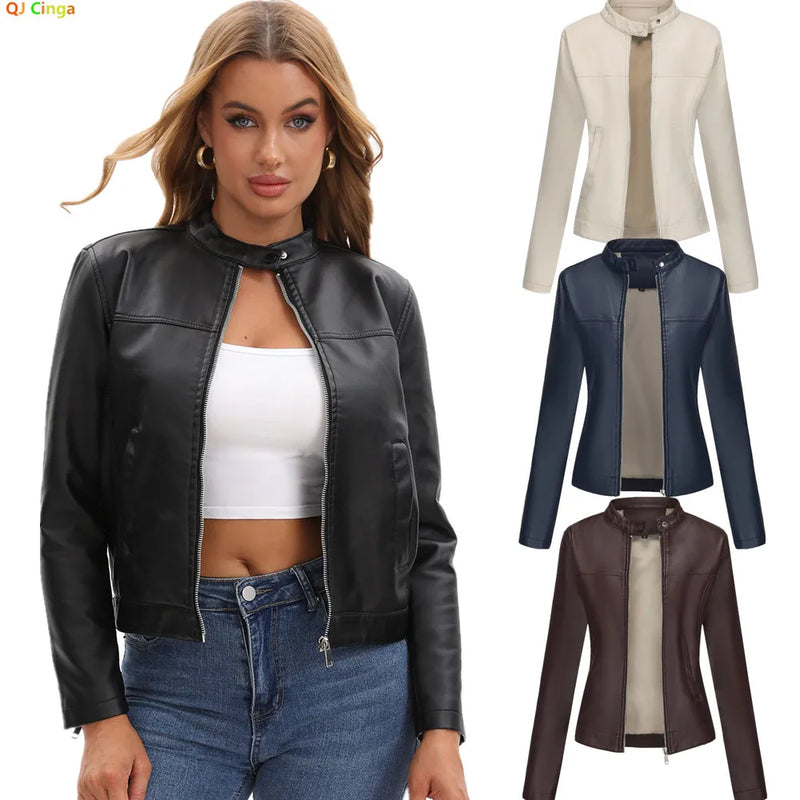 2026 New Women's Black Fitted Leather Jacket with Front Zipper & Side Pockets‌, Available in Brown, Navy Blue, and Beige.