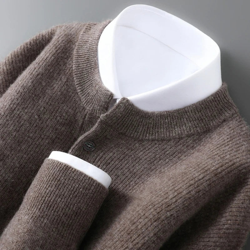 100% Wool Sweater, Round Neck Button Detail, Solid Jacquard Knit, Loose Fit Autumn Winter