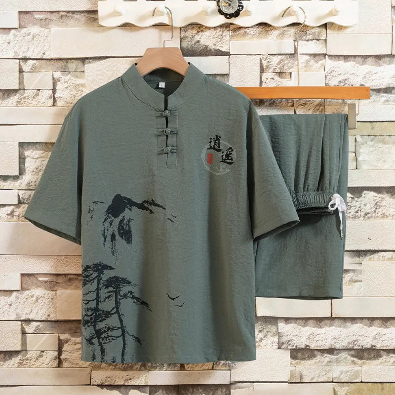 Chinese-style Men's Blue Two-piece Set: A Summer Short-sleeve Pullover Shirt Paired with Knee-length Shorts, Asian Sizes M-4XL.