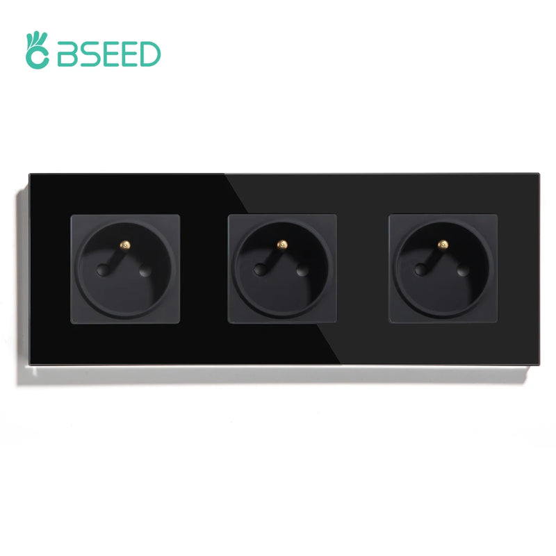 BSEED French Standard Single Wall Power Sockets Double France Outlets Triple Plugs Crystal Glass Panel Children Protection 16A