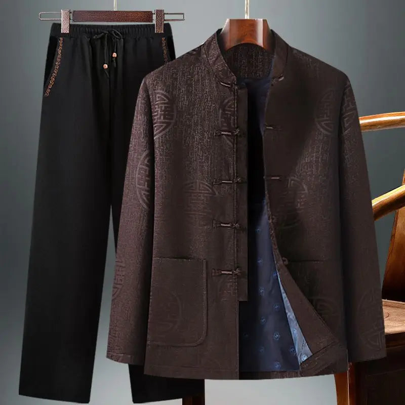 Chinese-style Men's Two-piece Set: Red Jacquard Jacket Paired with Black Embroidered Pants (available in A Thicker Version)