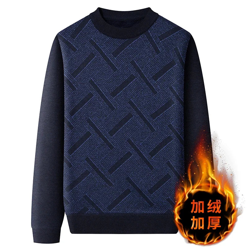 Street Style Male Knit Sweater Geometric Interlaced Stripe Pattern Comfortable Crew Neck Daily Outing Long Sleeve Top