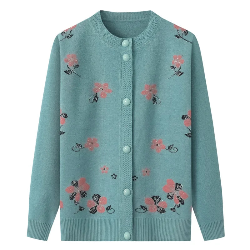 New Middle-Aged Women's Autumn Sweaters Cardigan Coat Female O-Neck Embroidered Knitting Sweater Mother Long Sleeve Tops