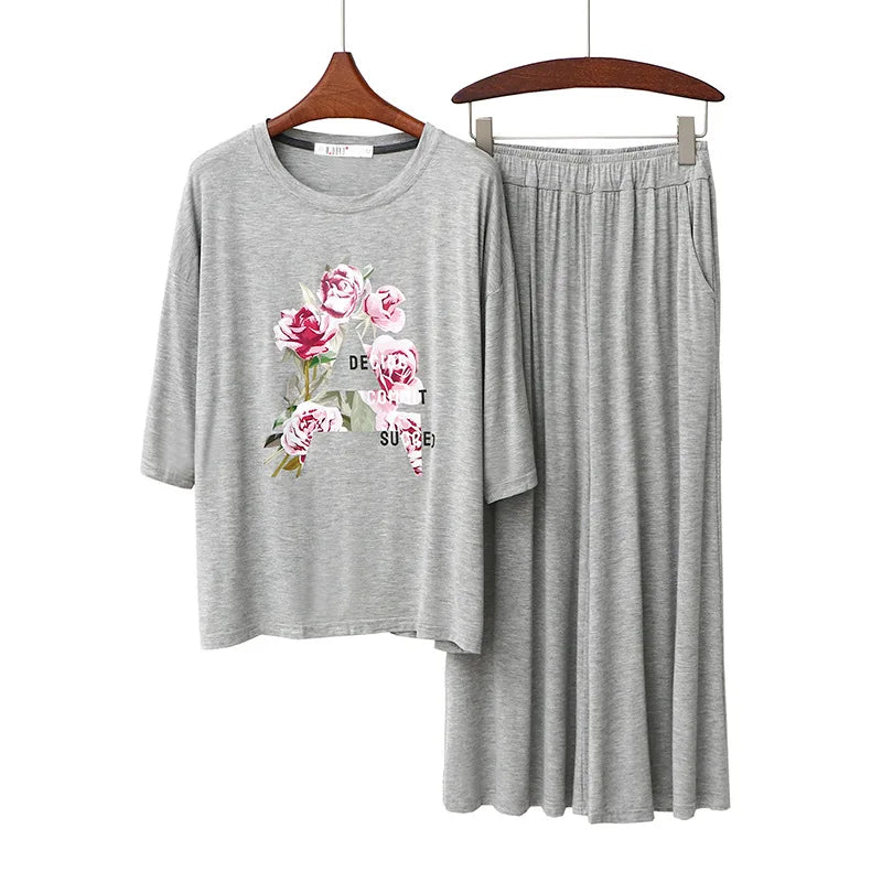 Spring Summer Round Neck Half Sleeve Capris Set Flower Print Home Wear Suit Women's Pajamas Modal Ladies Sleepwear Clothes