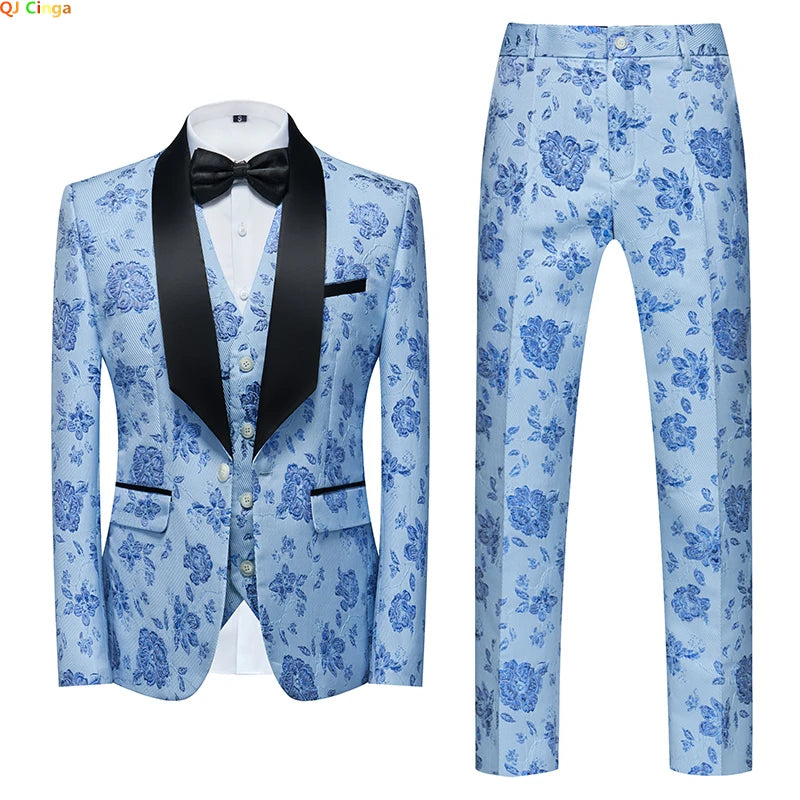 Men's Blue Jacquard Fabric Suit 3-Piece, Fashion Slim-Fit Blazer Jacket Trousers Vest, Spring  Autumn New Men Sets, Asian Size