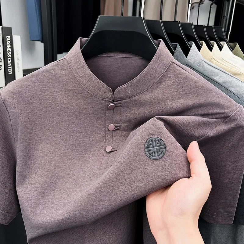 Mens Casual Short Sleeve Henley Shirt Mandarin Collar Frog Button Chinese Style Embroidered Summer Top
