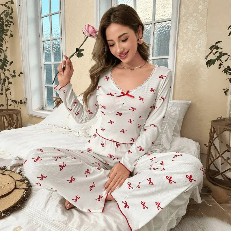 European Sexy Sleepwear Women's Home Clothes Spring Autumn Women Pajama Long Sleeve Trousers Set Fashion Sleeping Suit