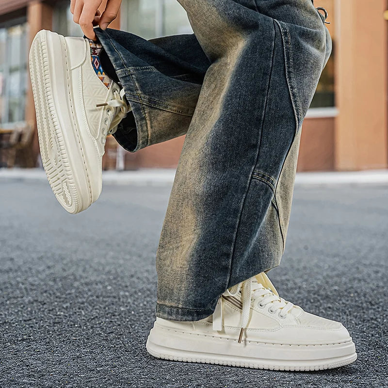 Men's flat white casual shoes four season new breathable light thick-sole non-slip outdoor running sneakers fashion walking shoe