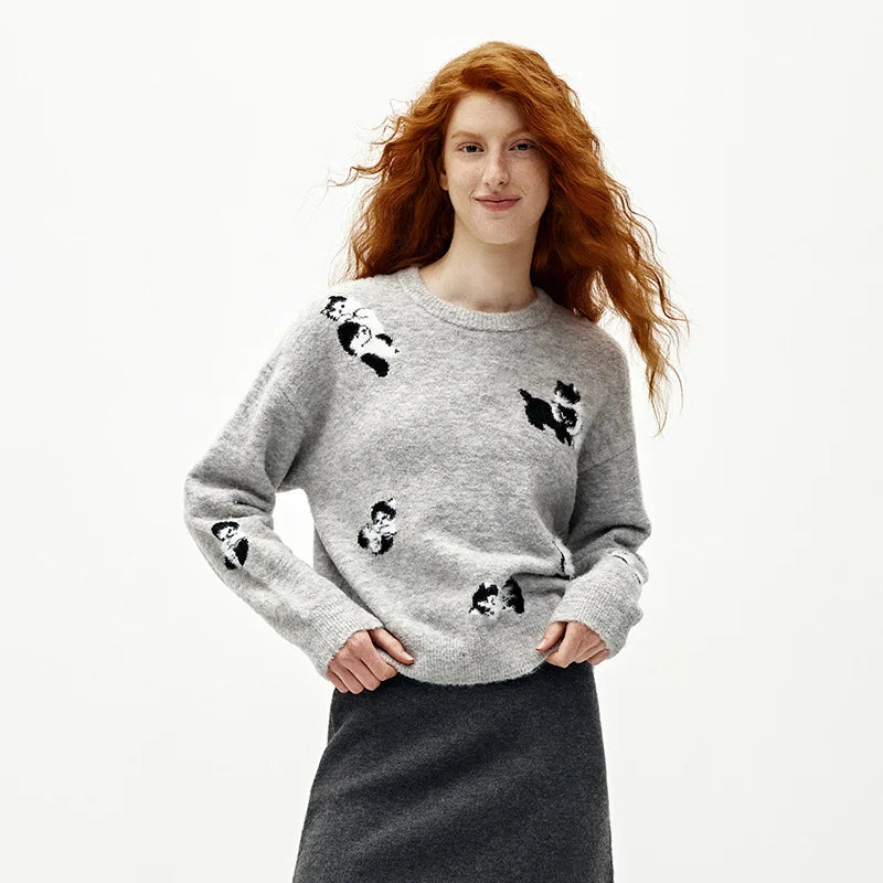 Semir Women Sweater Cat Graphic Drop Shoulder Petite Fit 2026 Winter Warm Knit Everyday Style Soft Touch Layering Wear