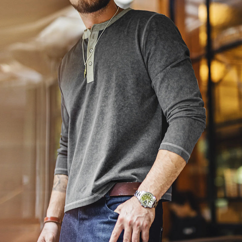 អាវយឺតដៃវែង MADEN Henley សម្រាប់បុរស ពណ៌ប្រផេះស្រាល លាយឡំជាមួយសម្លៀកបំពាក់បែប Vintage រដូវស្លឹកឈើជ្រុះ