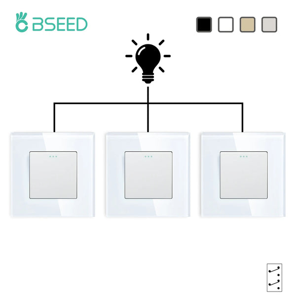 BSEED EU Standard 3 Packs Wall Button Switches 1Gang 2/3Way Intermediate Switch Glass Panel Mechanical Switches Cross Switch