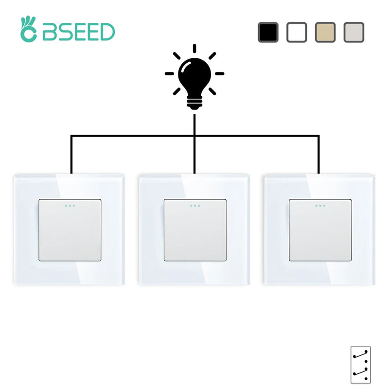BSEED EU Standard 3 Packs Wall Button Switches 1Gang 2/3Way Intermediate Switch Glass Panel Mechanical Switches Cross Switch