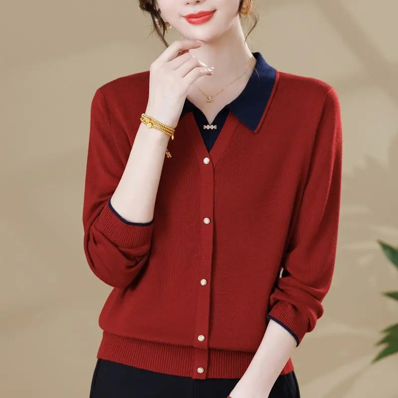 Fake Two Piece Sweater For Women Lapel Long Sleeve Tops Spring Autumn Knitwear Jumper Basic Wear Pullover Mother Clothing
