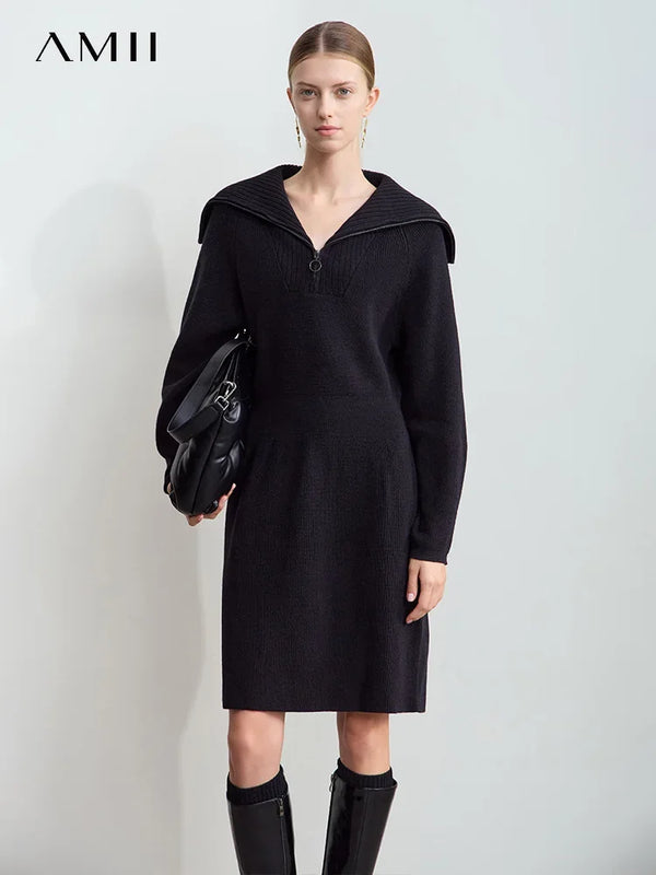 Amii Minimalist 2026 Winter New Women's Casual Knitted Skirt Lapel Shoulder Sleeve Zipper Semi-open Placket Waist Dress 12444240