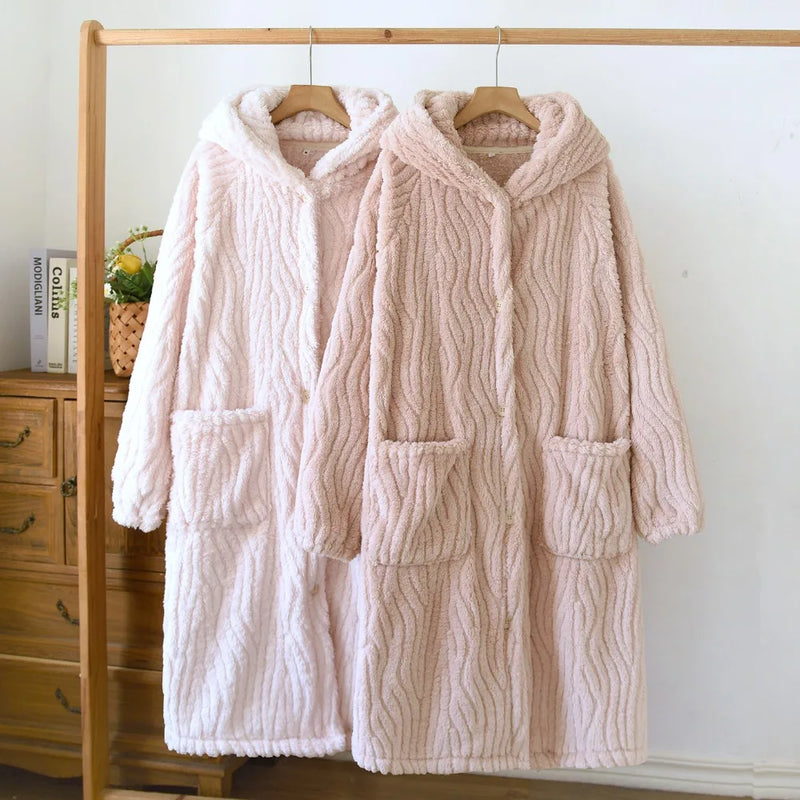 Flannel Thickened Robes for Woman Sleepwear Winter New Coral Fleece Bathrobe Female Loungewear Ladies Hooded Dressing Gown
