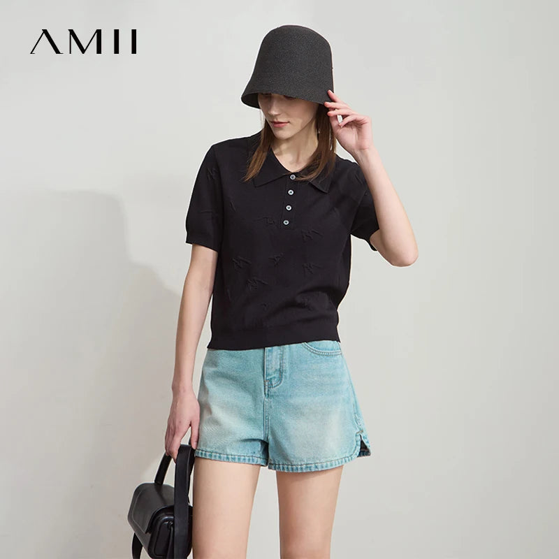 អាវយឺតដៃខ្លី Amii Minimalist សម្រាប់នារី រដូវស្លឹកឈើជ្រុះ ឆ្នាំ២០២៦ ថ្មី POLO ក អក្សរ Jacquard អាវច្រើនមុខងារ 12542136
