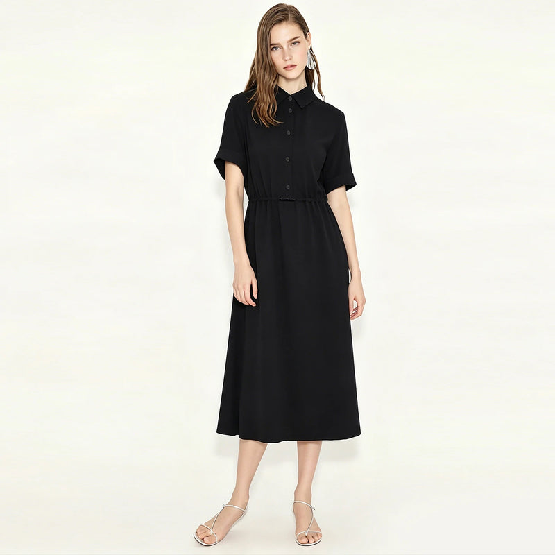 Amii Women's Dress 2026 Summer New Lapel Collar Half Placket Drawstring Short Sleeve Casual A-Line Midi Dress For Women 12642158