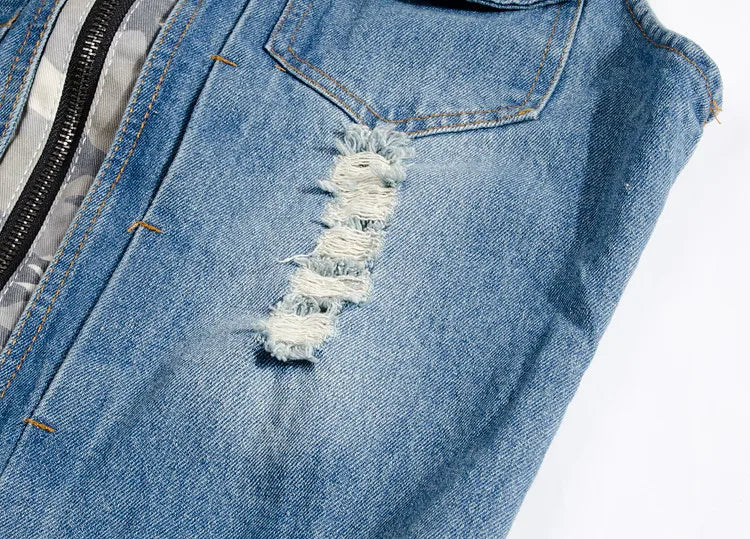 Men's Sleeveless Hooded Denim Jacket for Spring and Fall; Blue Single-breasted Distressed Vest; Asian Sizes M–5XL.
