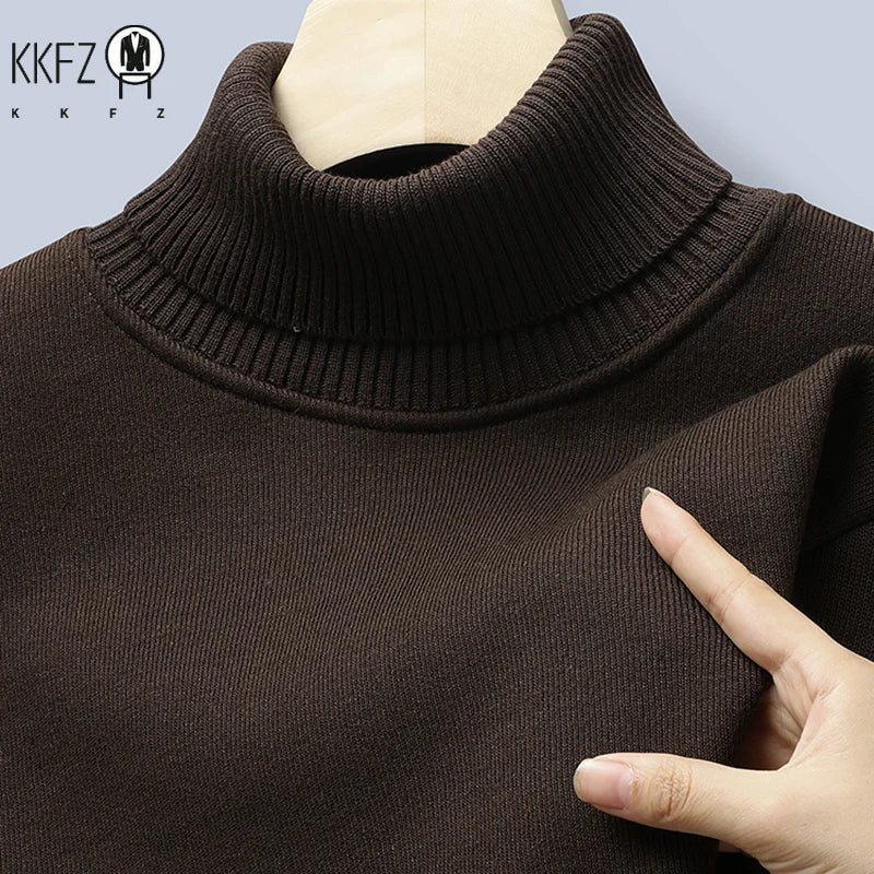 Stretch Knitted Turtleneck Top For Males Full Fleece Lining Thermal Warm Pullover Long Sleeve Casual Street Outfit
