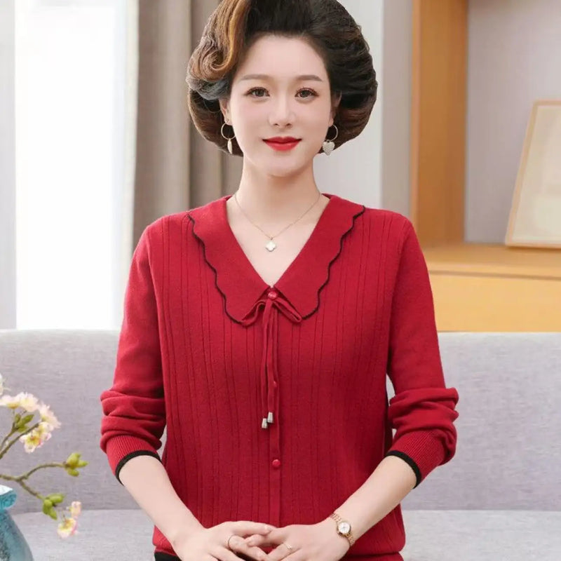 Pulls Femmes New Lapel Long Sleeve Shirt Spring Autumn Woolen Sweater Women Elegant Mother Knitwear Tops Pullover Jumper