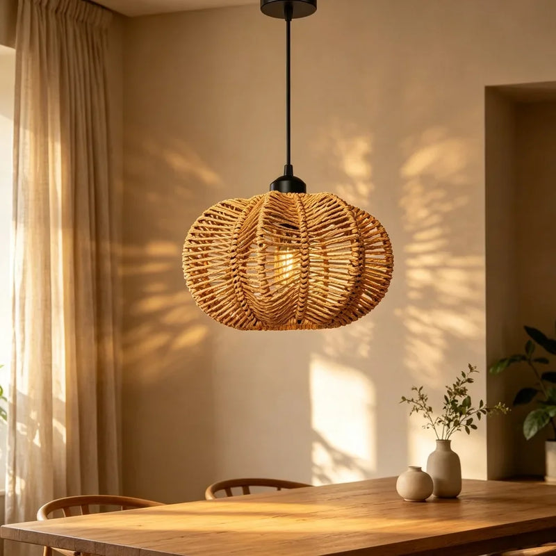 JOYINLED E27 Woven Chandelier Boho Pendant Lamp with Handwoven Rattan Basket Lamps Hade Hanging Light Fixture Bedroom Farmhouse