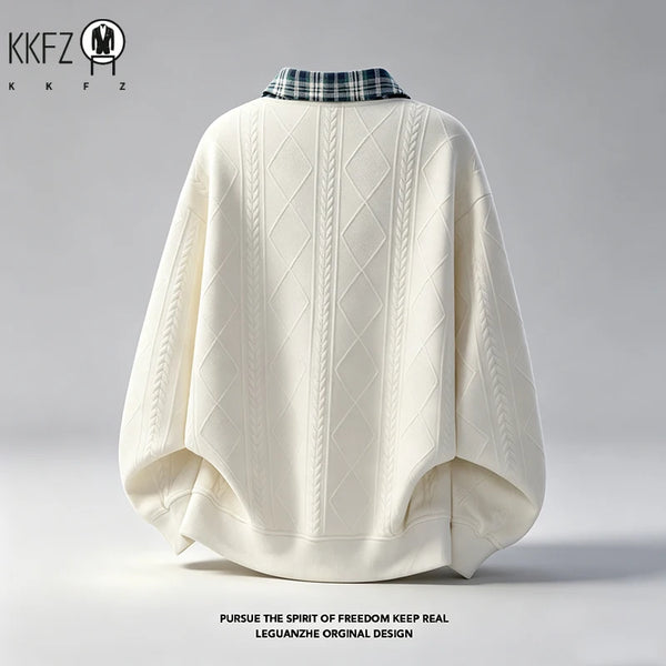 Mens Plaid Lapel Collar Long Sleeve Jacquard Sweatshirt Geometric Embossed Texture Soft Handfeel Top For Autumn