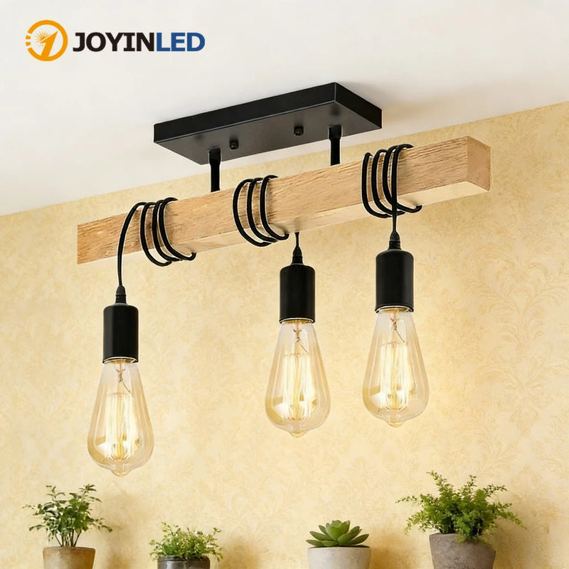 ចង្កៀងពិដានឈើ JOYINLED 3 អំពូល E27 ធ្វើពីដែកខ្មៅ ចង្កៀងពិដានបន្ទប់ទទួលភ្ញៀវ ចង្កៀងតុបតែងពិដានព្យួរ