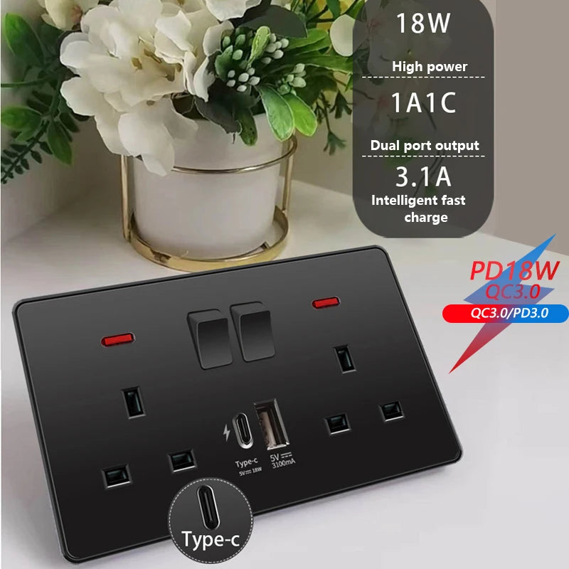 Universal 18W Fast Type C Wall 220V Power Outlet Plug, UK Black 13A Socket Switch, Electrical Wall Socket Panel with USB Charger