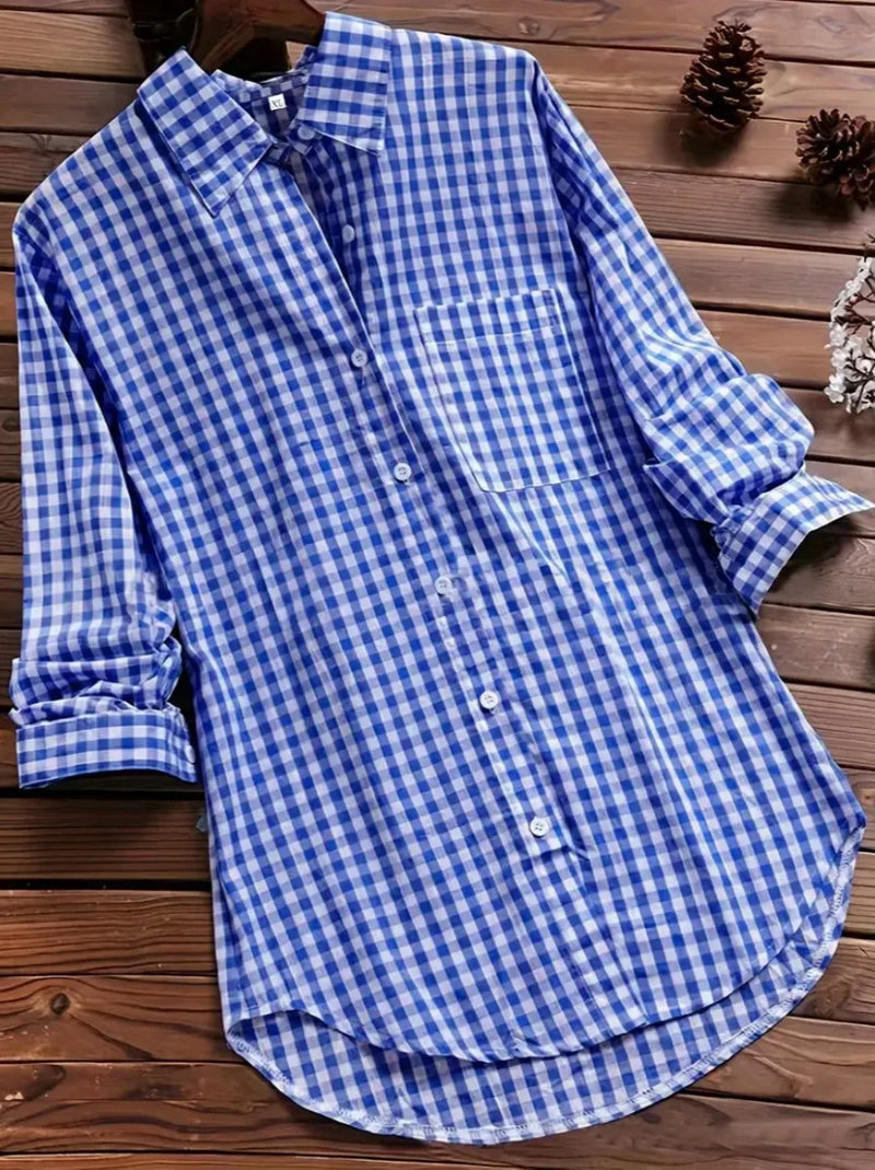 2027 New Women's Long-Sleeve Checkered Shirt, Available in Black, Gray, Blue, Red, and Pink.
