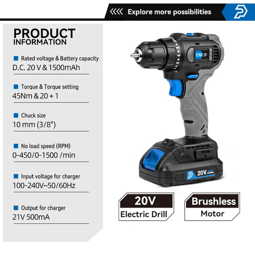 20V Brushless Electric Drill 45N.m Cordless Electric Mini Driver Power Tools by PROSTORMER
