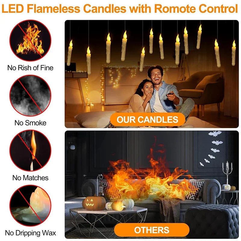 ទៀន LED អណ្តែតទឹកជាមួយដំបងវេទមន្តបញ្ជាពីចម្ងាយ ភ្លើងក្តៅភ្លឹបភ្លែតៗ គ្មានអណ្តាតភ្លើង ដំណើរការដោយថ្ម ទៀនរាងសាជី សម្រាប់ថ្ងៃកំណើត ហាឡូវីន
