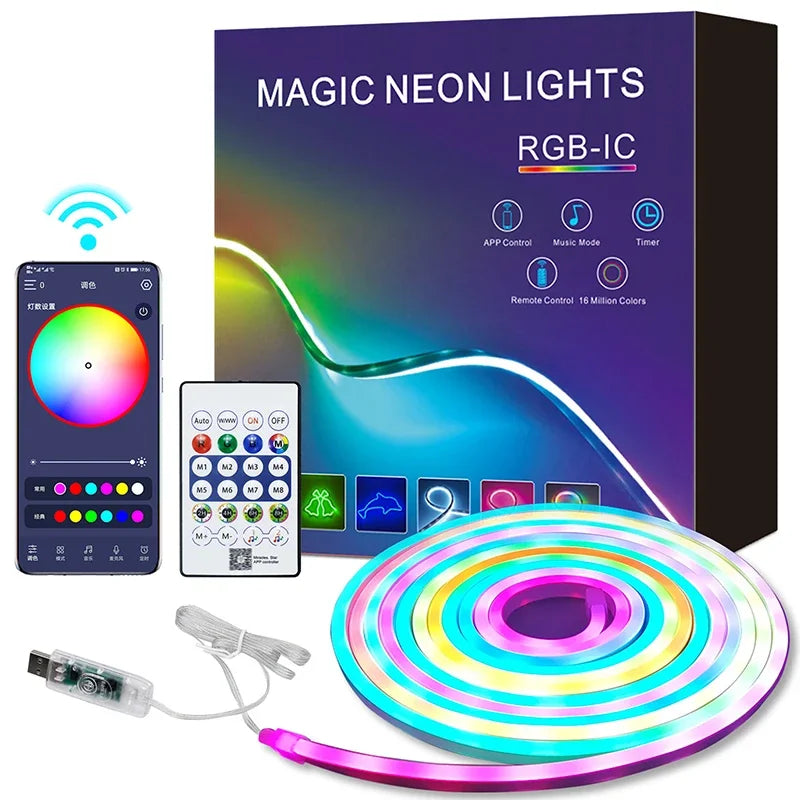ភ្លើង LED RGBIC Neon Strip ទំហំ 1-10 ម៉ែត្រ អាចប្រើប្រាស់ជាមួយ APP Bluetooth ដើម្បីបញ្ជាភ្លើងបាន អាចបន្ថយពន្លឺបាន អាចធ្វើសមកាលកម្មតន្ត្រីជាមួយ 5V Neon Strip សម្រាប់បន្ទប់លេងហ្គេម និងការតុបតែងខាងក្រៅផ្ទះ