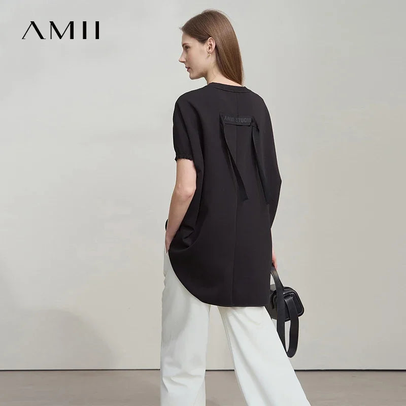 អាវយឺតដៃខ្លី Amii Minimalist សម្រាប់នារី រដូវស្លឹកឈើជ្រុះ ឆ្នាំ២០២៥ ថ្មី ក O មានភាពបត់បែនខ្ពស់ រឹងមាំ អាវធំធម្មតាសម្រាប់ធ្វើដំណើរ 12511087