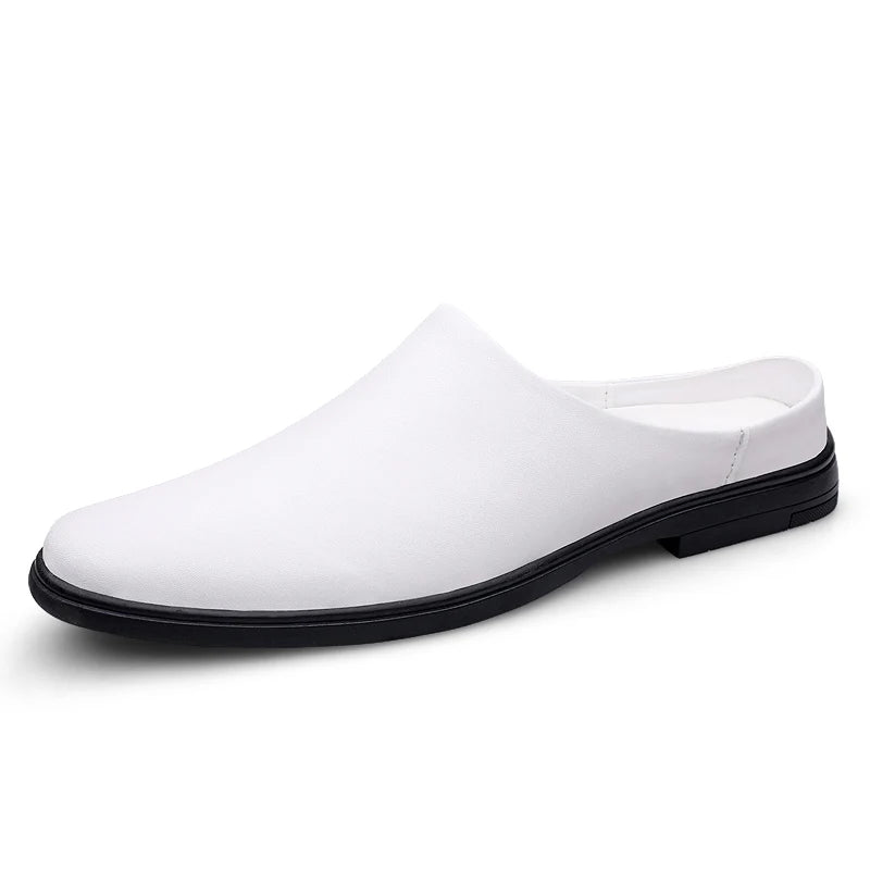 Summer Fashion Half Shoes Men Casual Comfortable Leather Shoes Half Slippers Solid White Slip On