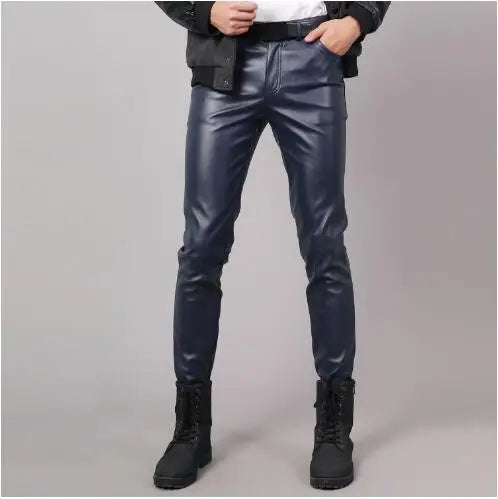 2026 Bright Green Men's Biker Leather Pants, Fashion Slim Stretch PU Pants Red Blue Black Gray Men Pant Plus Size 28-36 38 40