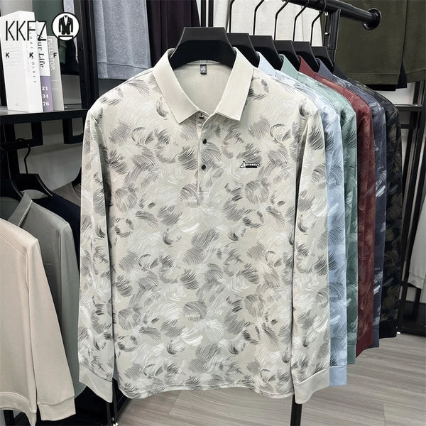 Men Breathable Mesh Polo Short Sleeve Lap Collar Abstract Feather Print Button Placket Relax Daily Wear Top