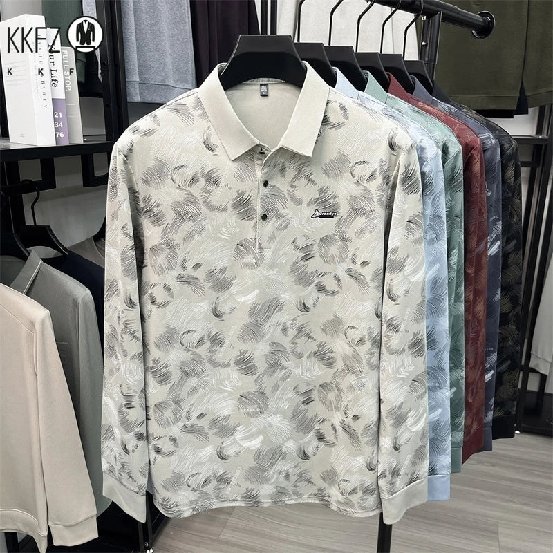 Men Breathable Mesh Polo Short Sleeve Lap Collar Abstract Feather Print Button Placket Relax Daily Wear Top
