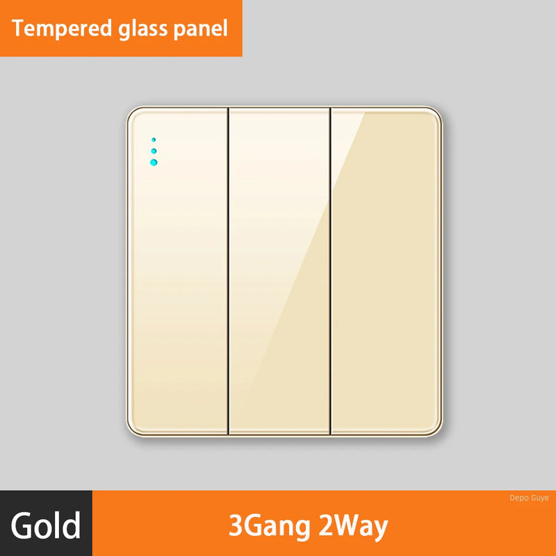 Luxury All Tempered Glass Wall Lamp Switch Button Golden UK Plug 13A Universal Wall Socket with Usb ,220V2gang2way Dimmer Switch