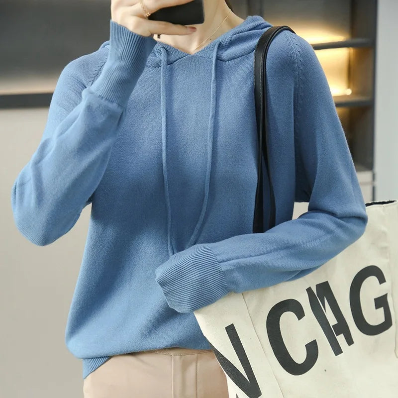 Spring Autumn New Hooded Pullover Sweater Knitwear Women's Long Sleeved Loose Leisure Knitted Hoodie Coat Pull Femme Tops