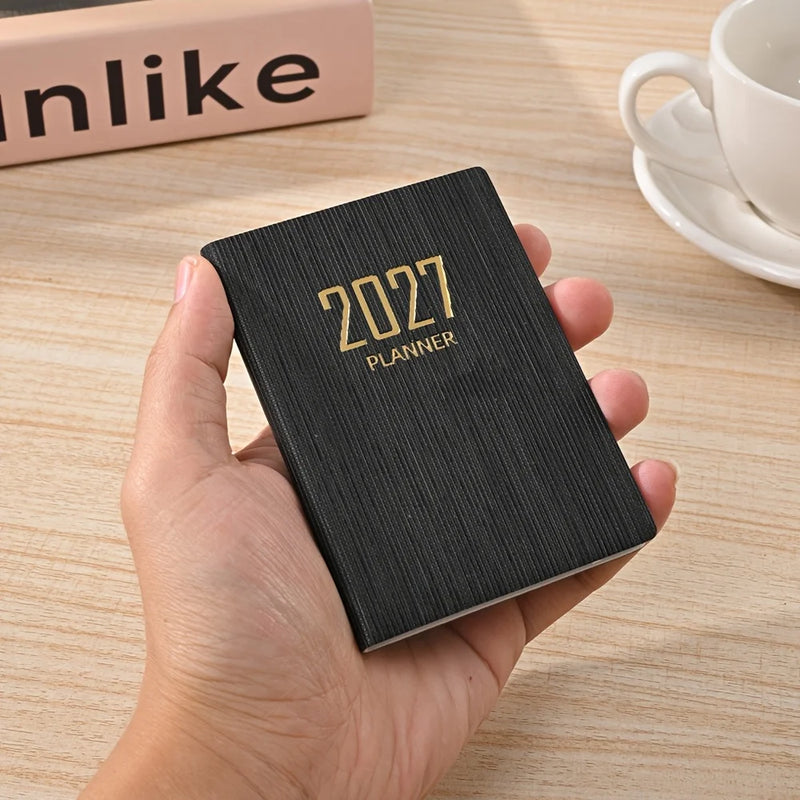 A7-sized 2027 English Planner,365-day Daily Planner Calendar, A7 Mini Portable Pocket Daily Planner, PU Leather Small Notebook