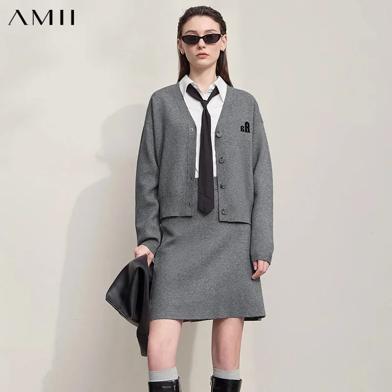 AMII Sweater 2026 Autumn Winter New Lady Cardigan V-neck Knit Long Sleeves Cardigan Mini Skirts Casual Women's Clothing 12523114
