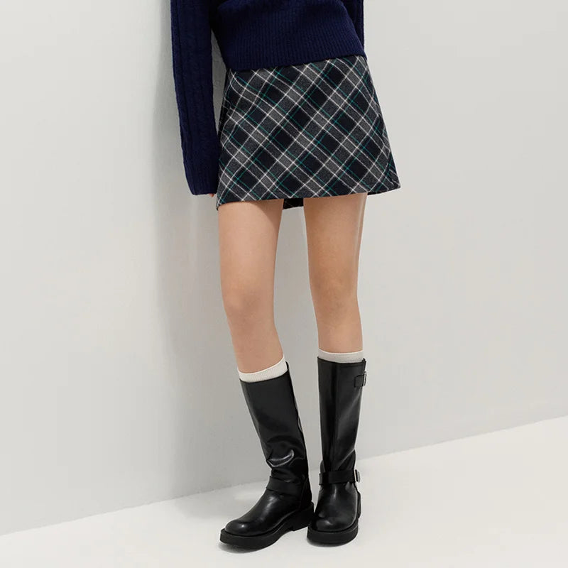 Semir Women Woolen Skirt Partial Elastic Waist Plaid Preppy Style 2026 New Winter Daily Wear Urban Casual Style