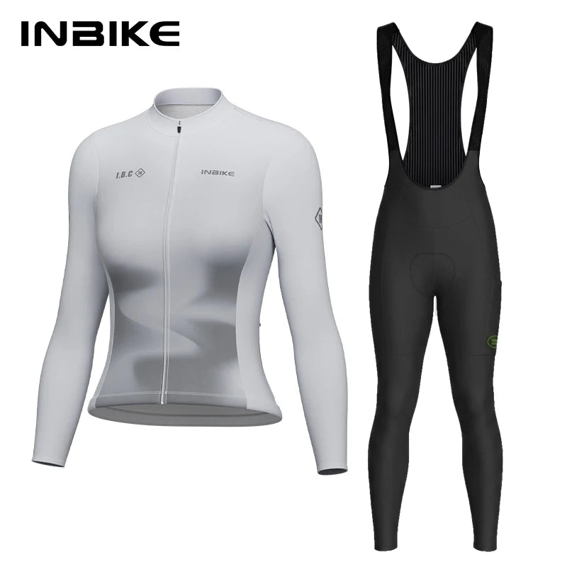 INBIKE Winter Long Fleece Cycle Jersey Set for Women Slim Thermal Long Sleeve Top Elastic Bib Pants Mountain Road Bike Clothing